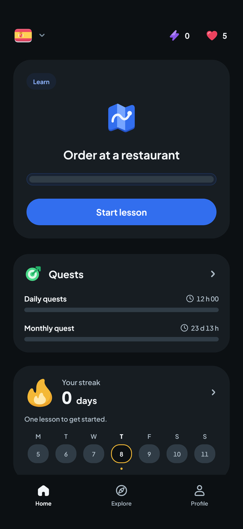 The Diaspeak home screen and course progress